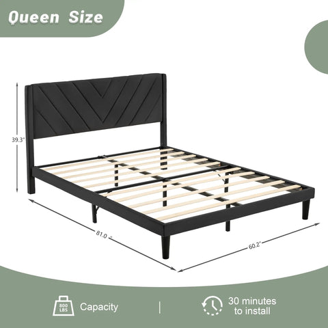 Queen Size Platform Bed Frame With Velvet Headboard And Wing Edge Design Crafted From Solid Wooden Slats For Legit Noise Free Rest No Box Spring Needed Straight Up Easy Assembly Matte Black Finish showing dimensions and slats.