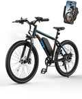 All Terrain Electric Mountain Bike For Adults 1200W Peak Power Beast 28 MPH Top Speed 26 By 2.1 Inch Tires 90 Mile Pedal Assist Range Removable 48V 624Wh Battery 7 Speed E Bike With Phone Holder shown with black frame and phone mounted on handlebars.