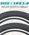 Beefy 20x3 Fat Bike Tire For E-Bikes And Mountain Snow Riding, size 20x3, strong grip, shown with inflation details