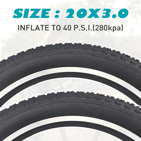 Beefy 20x3 Fat Bike Tire For E-Bikes And Mountain Snow Riding, size 20x3, strong grip, shown with inflation details