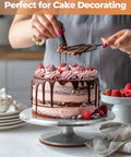 Aluminum Cake Turntable Set With Revolving 12 Inch Cake Stand For Decorating Includes 12.7 Inch Offset Spatula And Three Stainless Steel Icing Smoothing Tools Non Slip Base Pro Style Cake Decorating Kit For Home Bakers shown with a decorated cake