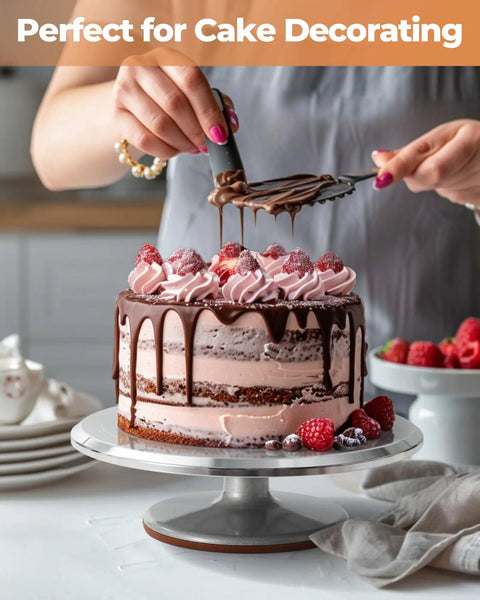 Aluminum Cake Turntable Set With Revolving 12 Inch Cake Stand For Decorating Includes 12.7 Inch Offset Spatula And Three Stainless Steel Icing Smoothing Tools Non Slip Base Pro Style Cake Decorating Kit For Home Bakers shown with a decorated cake