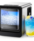 Snazzy Countertop Nugget Ice Maker With Auto Water Refill Produces Hella Fast Crystal Clear Bubble Ice In Just Four Minutes with a drink