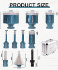 Pro Grade Diamond Core Drill Bits Kit For Tile And Stone, Ten Piece Set with measurements and carrying case.