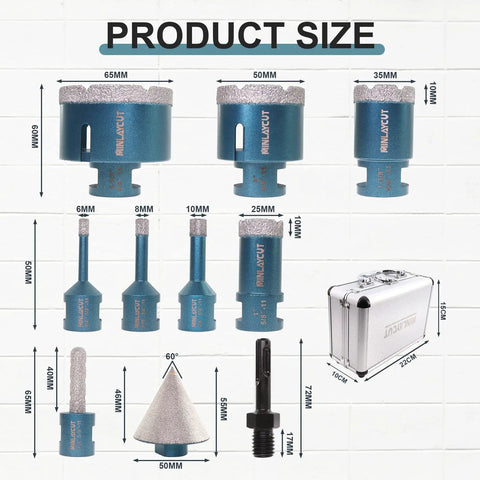 Pro Grade Diamond Core Drill Bits Kit For Tile And Stone, Ten Piece Set with measurements and carrying case.