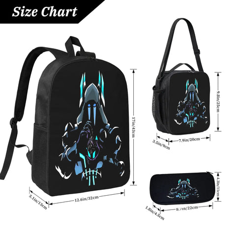 Three 17 Inch Daypacks For Outdoor Camping Hiking And Travel 3 Pack Set with size chart displaying dimensions and futuristic design