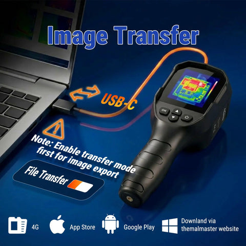 Thermal Imaging Camera With 240x240 Super Resolution From 96x96 IR, 25Hz Refresh, AI Sharpening, -4F To 1022F Temperature Range, IP54 Weatherproof, 6 Color Palettes, 2000mAh Battery For Real Heat Scans, USB-C transfer shown