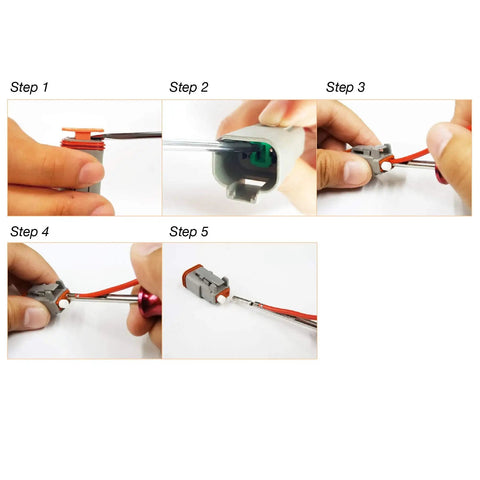 Step-by-step use of 7 Piece Deutsch Terminal Release Tool Kit For Wire Terminals 4 8 12 14 16 20 Gauge Pro Grade With Aluminum Handles