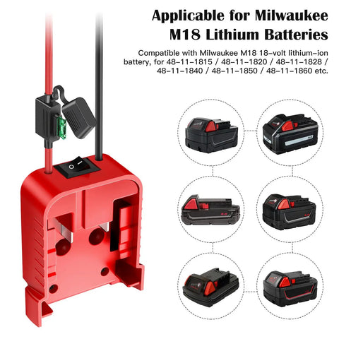 2 Pack 18V Power Wheel Adapter Kit With Switch Fuse And 12 AWG Wire for M18 Batteries shown with compatible battery types