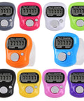 Super Comfy Electronic Finger Tally Counter With Quick Digital Clicker Ring Pack Of Ten Pieces in various colors showing digital display.