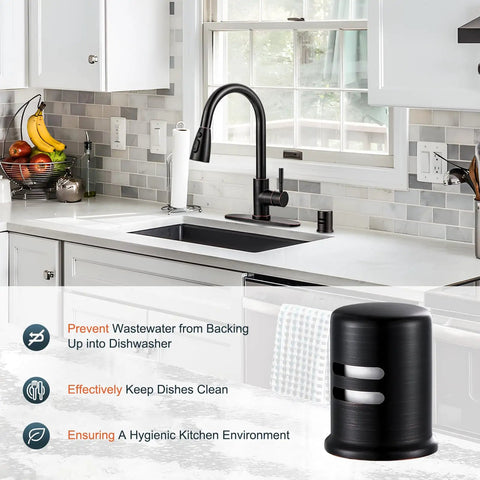 Top Shelf Solid Brass Dishwasher Air Gap Cover And Kitchen Sink Overflow Vent Cap Replacement Kit In Oil Rubbed Bronze Finish in kitchen setting.