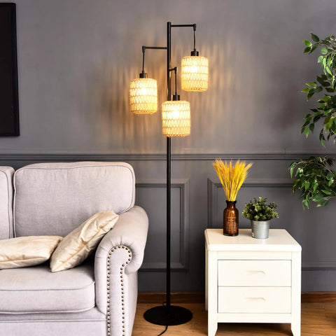 Boho Bamboo Floor Lamp With Remote Dimmer And Dimmable Bulb Warm Cozy Glow For Living Room Or Bedroom with wicker shade