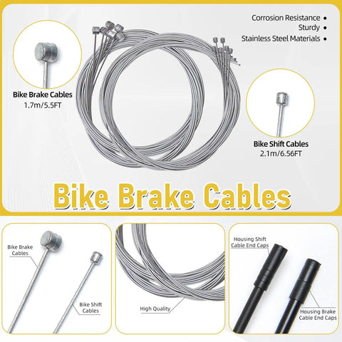 All In One 103 Piece Bike Brake Cable Kit With Stainless Steel Cable Cutter And Shifter Cable Housing Set Helps You Keep Your Ride Dialed In shown with bike brake and shift cables, housing end caps.