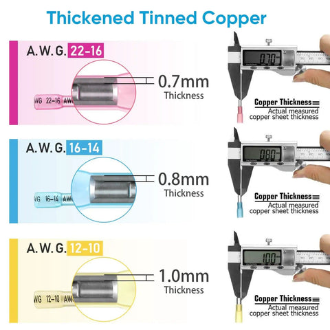 250 Piece Heat Shrink Wire Connector Kit with Waterproof Automotive Marine Terminals displaying AWG thickness measurements