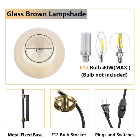 Dope Black Globe Shade Wall Sconces Set Of 2 showing brown glass lampshade and E12 bulb socket details with plug-in switches