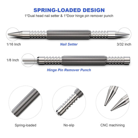 Spring Loaded Nail Set Tools Two Piece Dual Head Nail Setter And Hinge Pin Punch Set Hammerless One Sixteenth Inch And Three Thirty Second Inch Spring Nail Setter