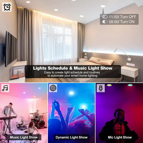 Six Inch Smart Can Light Bundle With RGBW Multicolor And Tunable White 2700K To 6500K 4 Pack Dope Recessed LED Downlights in a well-lit room with music light shows below.