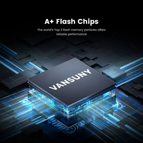 Close-up of A+ flash chip technology inside 500GB Portable External SSD USB 3.1 Gen2 Drive with metal casing.
