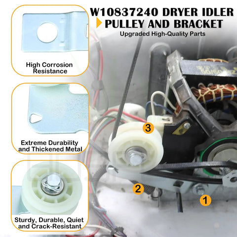 Upgraded 4392067 Dryer Repair Kit With W10837240 Idler Pulley For Smooth Drum Rotation Quiet Startup And Heat Issue Fix Replace Worn Components To Restore Peak Dryer Performance. W10837240 idler pulley and bracket installed in dryer assembly