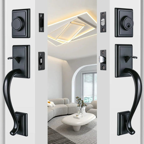 Matte Black Double Door Handleset With Keyed Entry And Dummy Exterior Handle Deadbolt Knob Reversible for French Doors 2013DBSET
