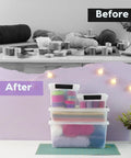 Before and after showcase of Heavy Duty Clear Plastic Storage Bins With Lids 6 Pack 4 Quart Polypropylene for organization.