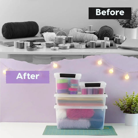 Before and after showcase of Heavy Duty Clear Plastic Storage Bins With Lids 6 Pack 4 Quart Polypropylene for organization.