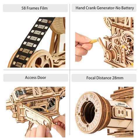 Vitascope 3D Wooden Puzzle Vintage Film Projector Model Kit With Hand Crank 183 Piece Wood Building Set For Adults And Teens Ideal Gift For Hobbyists And Movie Buffs showing 58-frame film and 28mm lens