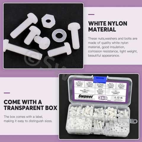 Real Deal Heavy Duty M4 Nylon Pan Head Screws With Hex Nuts And Flat Gasket Washers Assortment Kit 360 Piece white plastic screws in a transparent box.