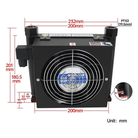 Front view of Heavy Duty Hydraulic Air Cooler 10 Liters Per Minute With Case Flow Radiator And Oil Cooling Heat Exchanger, dimensions labeled