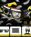 Rugged Job Site Ready Hands Free Glow Up Led Safety Glasses With Five Bright Adjustment Light Modes For Mechanics Weekend Warriors And Night Shift Work No Fuss Illumination Gear You Can Trust displayed over delicate feathers with dimensions.