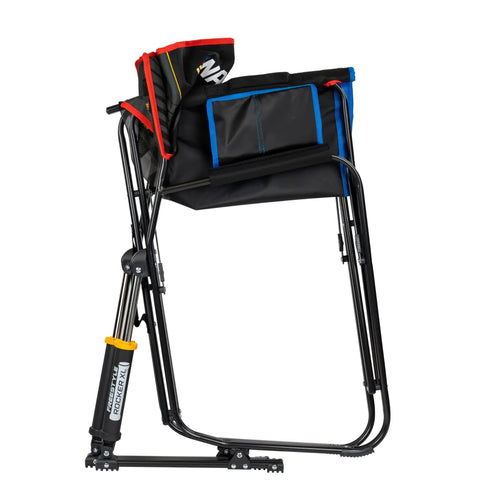 Side view of folded Freestyle XL Rocker Camping Chair With Durable Armrests And Drink Holder Portable Folding Outdoor Seat For Big And Tall Folks Black 400 Lb Capacity Sturdy Steel Frame And Cup Holder For Hydration On The Go.