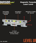 Image of Magnetic Torpedo Laser Level with Four Vials for Plumb, Level, and 45-Degree Angles, High-Precision Self-Leveling Tool in Silver and Black with labels indicating accuracy, vials, beams, and frame features.