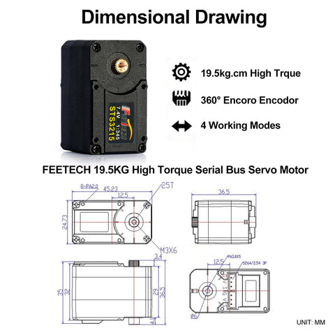 FEETECH 19.5KG Serial Bus Servo Motor dimensional drawing showcasing size and design details.