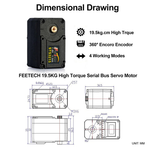 Dimensional drawing of Badass 19Kg Serial Bus Servo Motor With 12 Volt Power and Slick 360 Degree Magnetic Encoder.