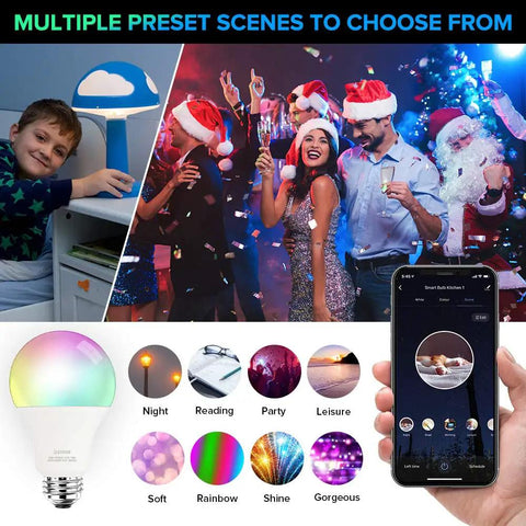 4 Pack Smart LED Bulbs With 16W 1600 Lumens A21 Dimmable WiFi RGB CW Color Changing Tunable White 2700K-6500K 100W Equivalent Works With Alexa Google Home 2.4GHz showing multiple preset scenes on phone app