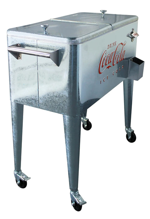 80 Quart Galvanized Rolling Cooler With Bottle Opener, Party Ready Ice Cold Retro Coca Cola Style Outdoor Beverage Cooler on casters