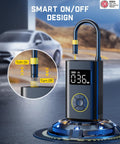 1 Minute Beast Mode Quick Inflate Portable Tire Inflator With Digital Pressure Gauge For Cars Motorcycles SUVs Bikes And Balls 150 PSI Electric Air Pump Compact Lightweight And Easy To Store displaying smart on/off design