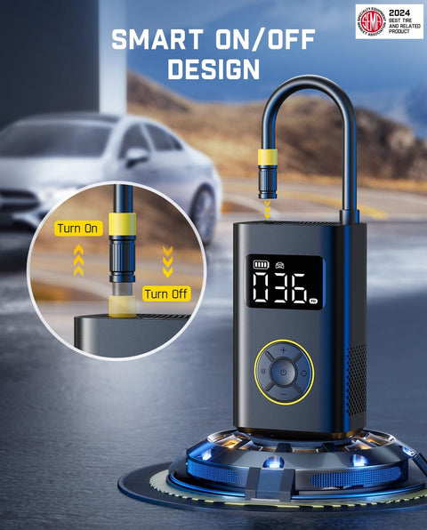1 Minute Beast Mode Quick Inflate Portable Tire Inflator With Digital Pressure Gauge For Cars Motorcycles SUVs Bikes And Balls 150 PSI Electric Air Pump Compact Lightweight And Easy To Store displaying smart on/off design