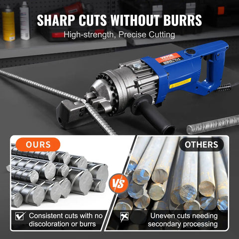 Dude, check out these bad-ass VEVor Electric Rebar Cutter Replacement Blades with sharp cuts, shown with rebar and comparison blades.