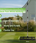 Heavy Duty Lawn Leveling Rake With Adjustable Long Handle Dual Sided Tines With Serrated Side, shown on green lawn.