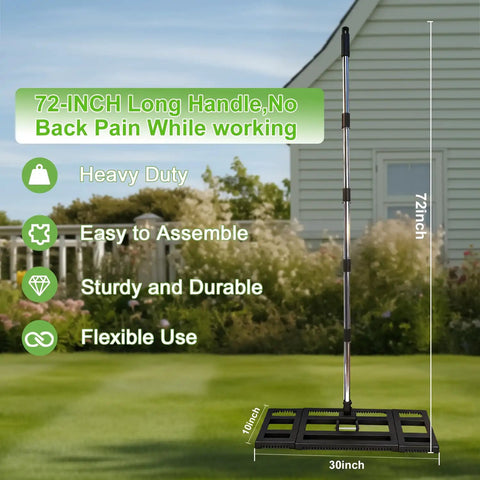 Heavy Duty Lawn Leveling Rake With Adjustable Long Handle Dual Sided Tines With Serrated Side, shown on green lawn.