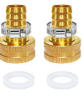 Four pack brass garden hose adapters for one half inch hoses to three quarter inch GHT faucets for drip irrigation tubing.