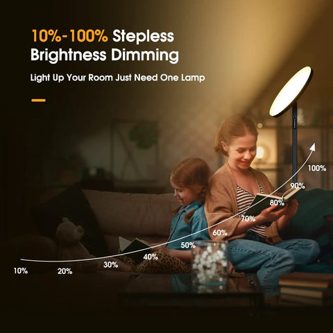 Mother and child reading by 32W 2600LM LED Torchiere Floor Lamp With Remote, Super Bright Living Room Light, 4 Color Temperatures And Stepless Dimming, Modern Black Standing Lamp For Bedroom And Office