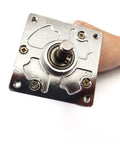 Kickass Heavy Dc Gear Motor Featuring Rock Solid Eighty Kilogram Centimeter Torque And Ultra Smooth Five To Five Hundred Rpm Adjustment top view of motor with shaft and mounting plate.