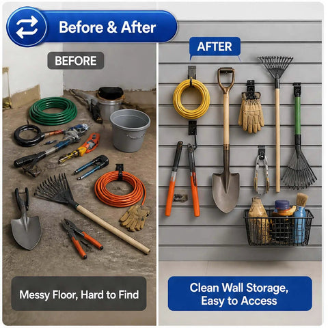 Before and after using Heavy Duty Garage Slatwall Hooks Set 20 Piece Multi Size Hook Assortment For Organizing Tools Ladders Cords