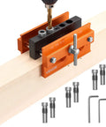 Knockout Self Centering Dowel Drill Jig Kit For Woodworking With Adjustable Width Clamps, heavy-duty aluminum, showing drill guide and bushings.