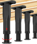 4 Pack Adjustable Bed Frame Support Legs Add Center Support Posts Height Expands From 8 To 14 Inches, adjustable black legs for bed support.