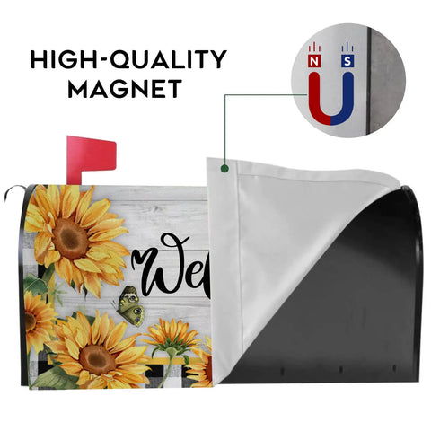 Magnetic Sunflower Butterfly Welcome Mailbox Cover with farm design and high-quality magnet in use, 21 by 18 inches.