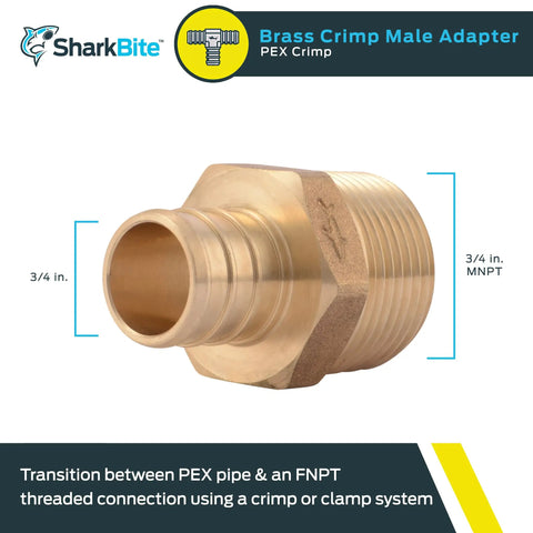 Three Quarter Inch Brass Crimp MNPT Male Adapter For PEX And PE-RT Pipes To FNPT Threaded Connections Copper Plumbing Fitting