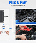 Image showing 10W Solar Car Battery Charger Maintainer 12V with plug, SAE connection, and charging setup in car.
